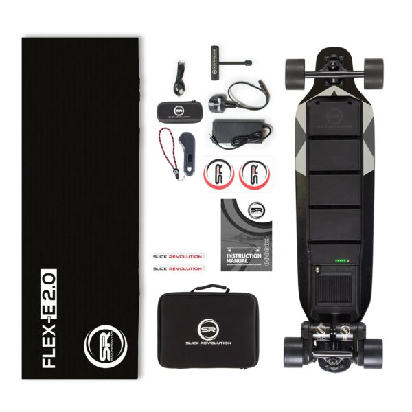 Slick Revolution Flex-E 2.0 electric skateboard contents in box