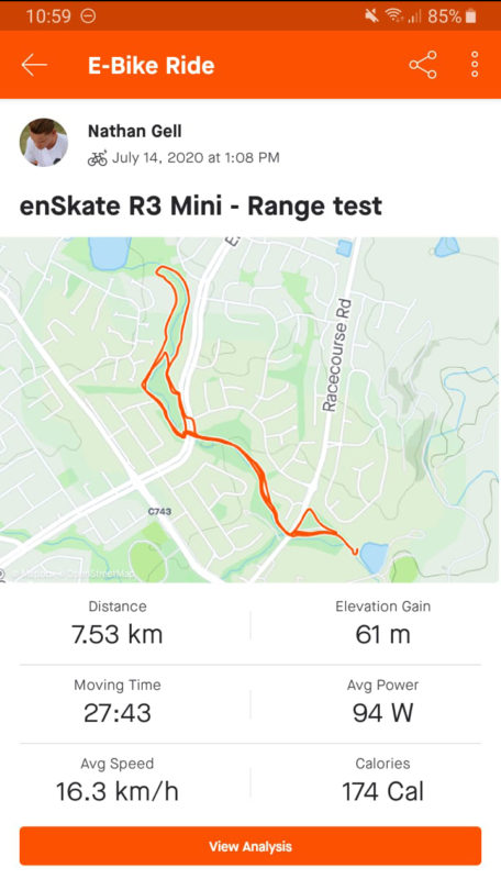 Screenshot of the range test results of the enSkate R3 Mini