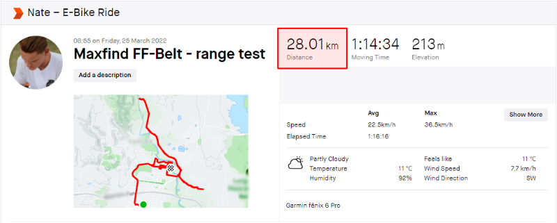 Maxfind FF-Belt range data - 28.01km