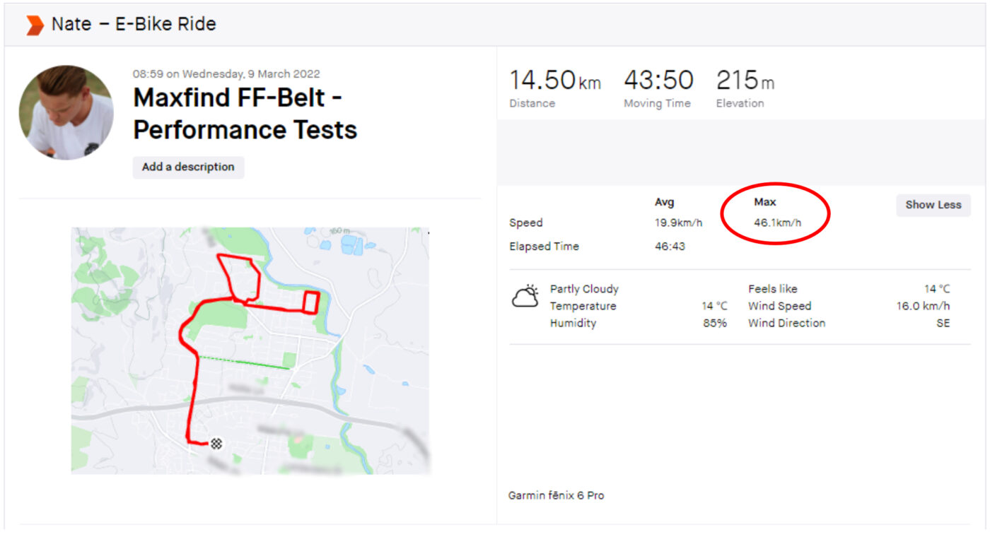 Top speed test results for maxfind ff-belt: 46.1kmh