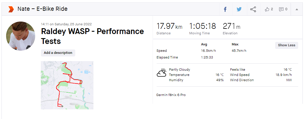 Screenshot of Raldey WASP performance tests. Distance of 17.97km and a top speed of 45.7kmh