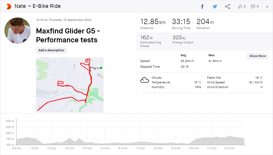 range test 1 results: 12.85km